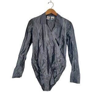 NWD DKNY Vintage 1990s Womens Size 4 Gray Metallic Wrap Top Bodysuit Long Sleeve